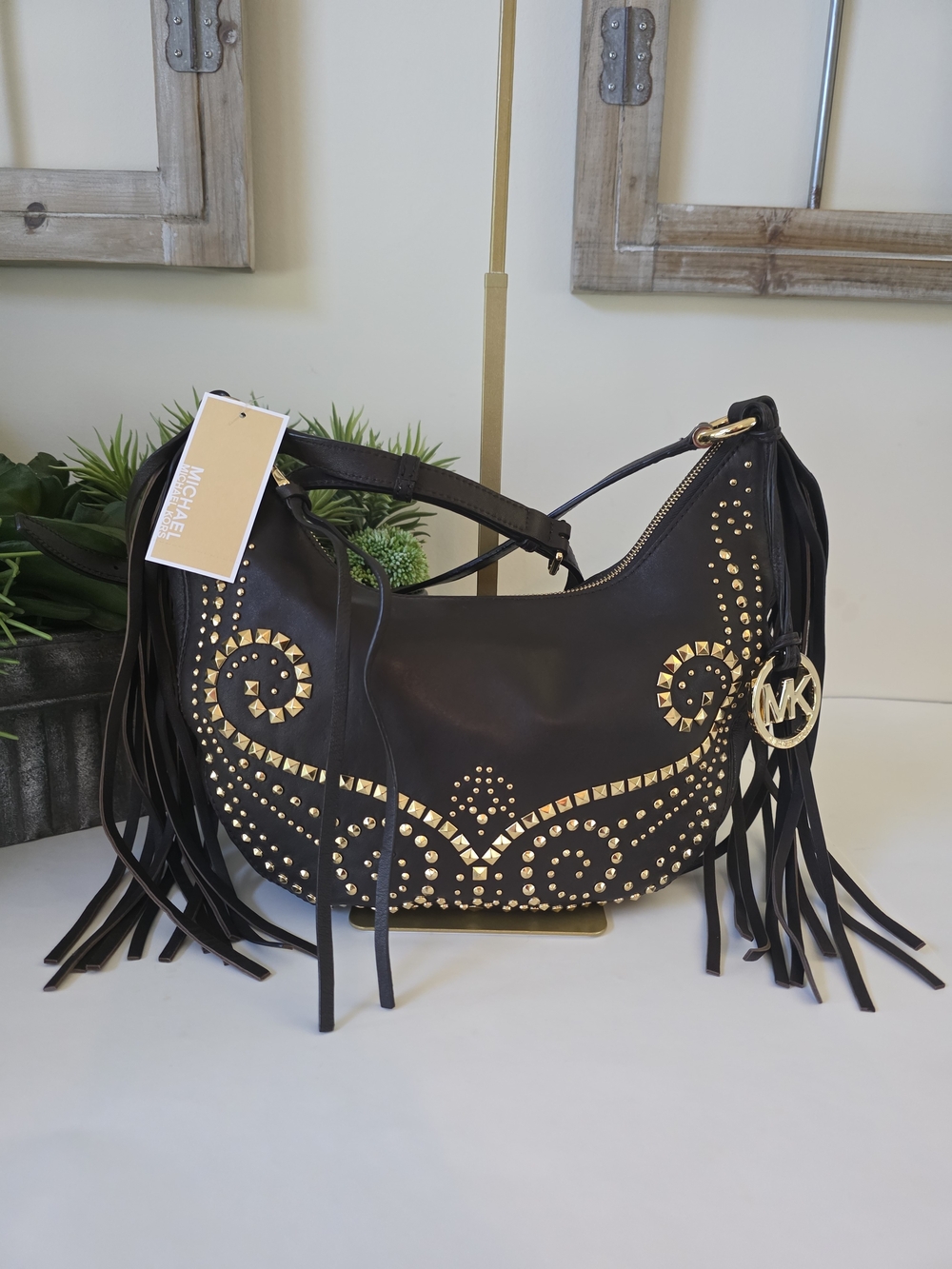 Michael Kors Rhea Studded  Shoulder/Crossbody Dark Chocolate Leather Fringe NWT